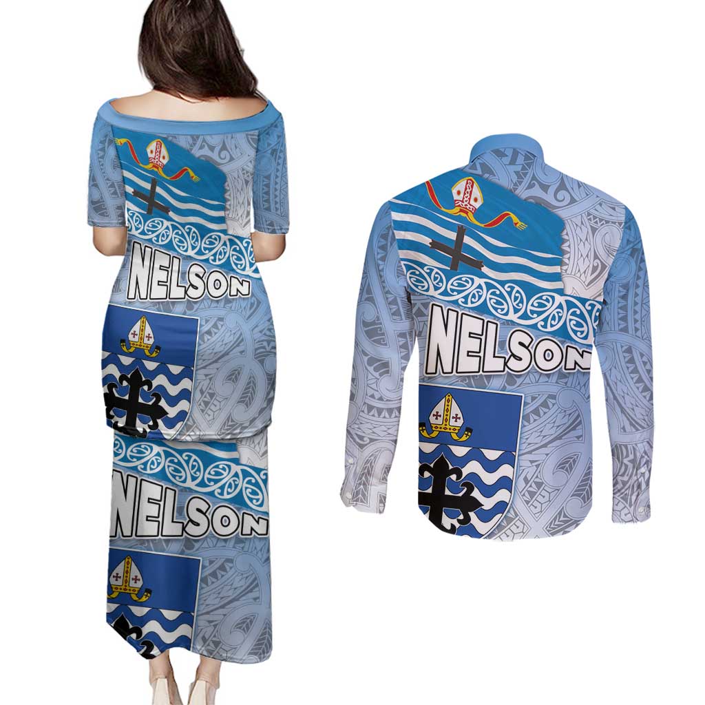 New Zealand Nelson Couples Matching Puletasi and Long Sleeve Button Shirt Nelson's Flag and Seal - Maori Art Tattoo LT03 - Polynesian Pride
