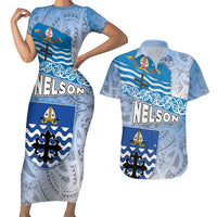 New Zealand Nelson Couples Matching Short Sleeve Bodycon Dress and Hawaiian Shirt Nelson's Flag and Seal - Maori Art Tattoo LT03 White - Polynesian Pride