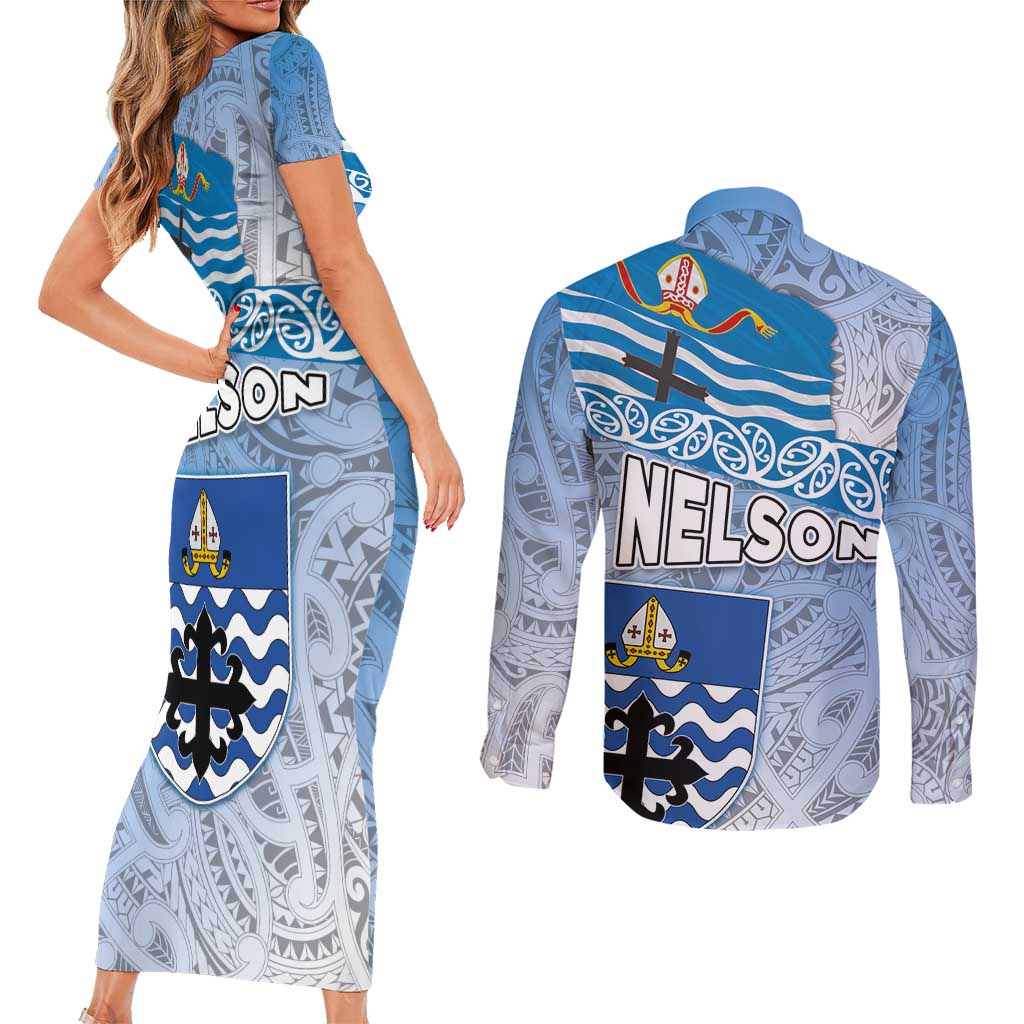 New Zealand Nelson Couples Matching Short Sleeve Bodycon Dress and Long Sleeve Button Shirt Nelson's Flag and Seal - Maori Art Tattoo LT03 - Polynesian Pride