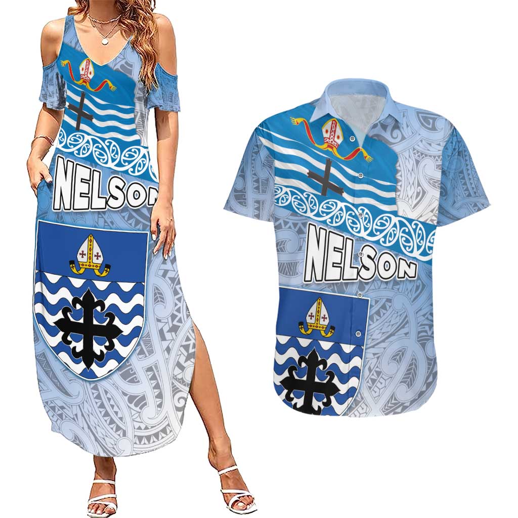 New Zealand Nelson Couples Matching Summer Maxi Dress and Hawaiian Shirt Nelson's Flag and Seal - Maori Art Tattoo LT03 White - Polynesian Pride