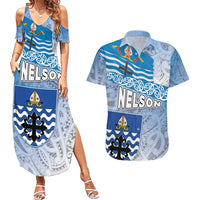 New Zealand Nelson Couples Matching Summer Maxi Dress and Hawaiian Shirt Nelson's Flag and Seal - Maori Art Tattoo LT03 White - Polynesian Pride