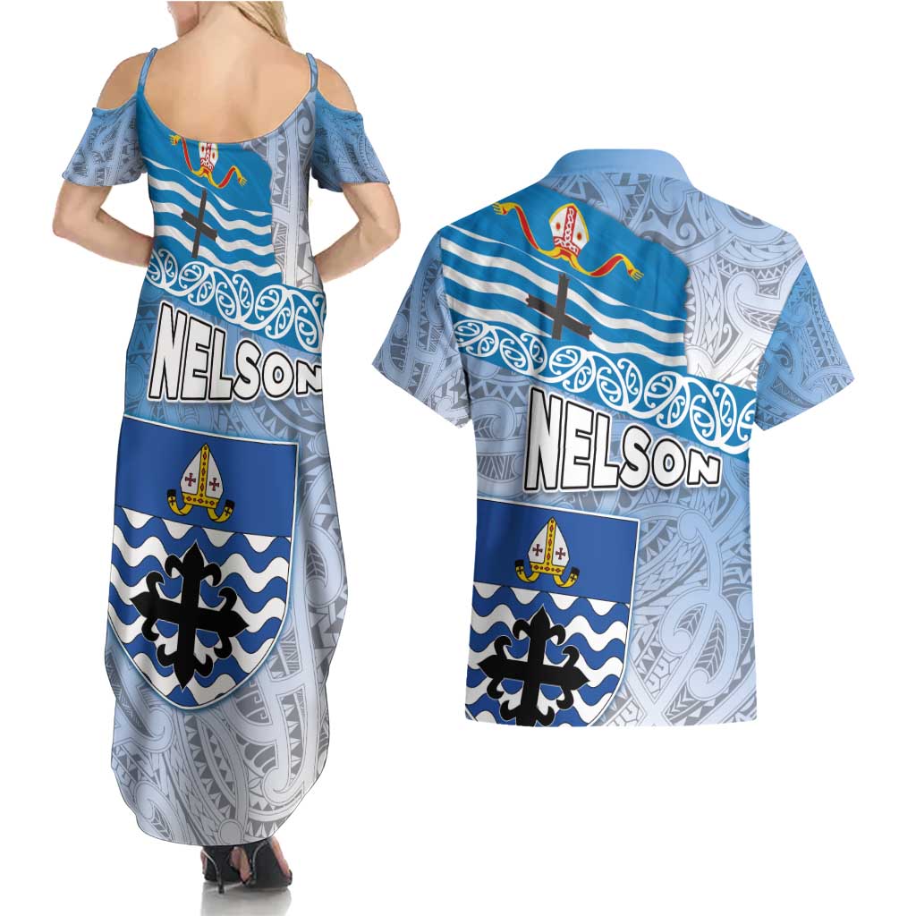 New Zealand Nelson Couples Matching Summer Maxi Dress and Hawaiian Shirt Nelson's Flag and Seal - Maori Art Tattoo LT03 - Polynesian Pride
