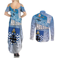 New Zealand Nelson Couples Matching Summer Maxi Dress and Long Sleeve Button Shirt Nelson's Flag and Seal - Maori Art Tattoo LT03 - Polynesian Pride