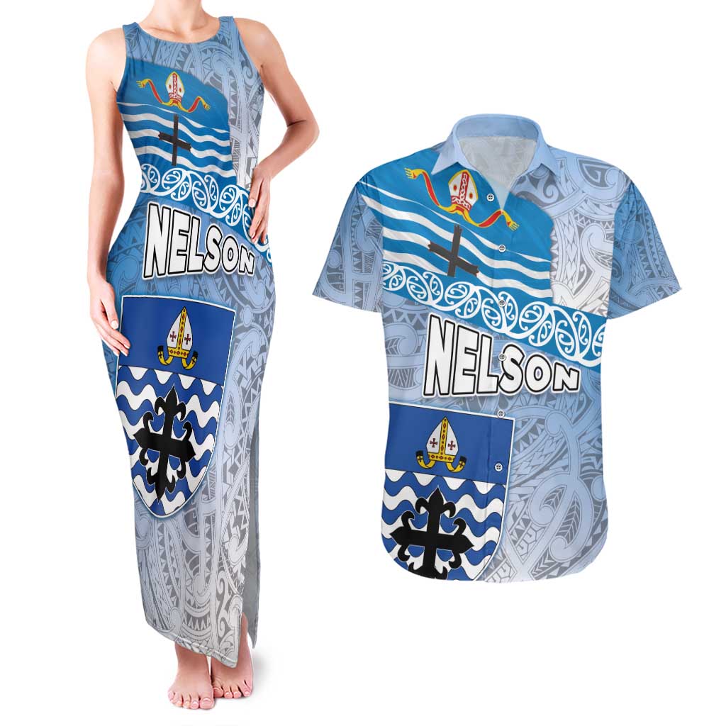 New Zealand Nelson Couples Matching Tank Maxi Dress and Hawaiian Shirt Nelson's Flag and Seal - Maori Art Tattoo LT03 White - Polynesian Pride