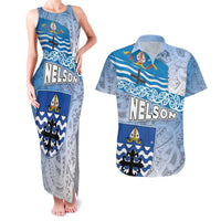 New Zealand Nelson Couples Matching Tank Maxi Dress and Hawaiian Shirt Nelson's Flag and Seal - Maori Art Tattoo LT03 White - Polynesian Pride