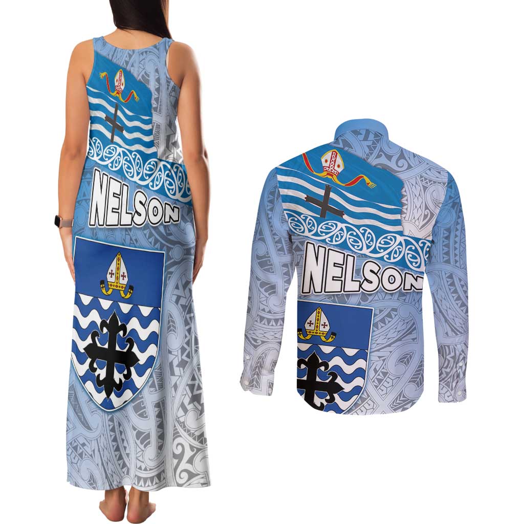 New Zealand Nelson Couples Matching Tank Maxi Dress and Long Sleeve Button Shirt Nelson's Flag and Seal - Maori Art Tattoo LT03 - Polynesian Pride