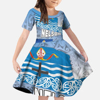 New Zealand Nelson Family Matching Mermaid Dress and Hawaiian Shirt Nelson's Flag and Seal - Maori Art Tattoo LT03 Daughter's Dress White - Polynesian Pride