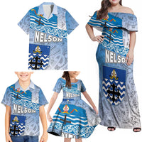 New Zealand Nelson Family Matching Off Shoulder Maxi Dress and Hawaiian Shirt Nelson's Flag and Seal - Maori Art Tattoo LT03 - Polynesian Pride