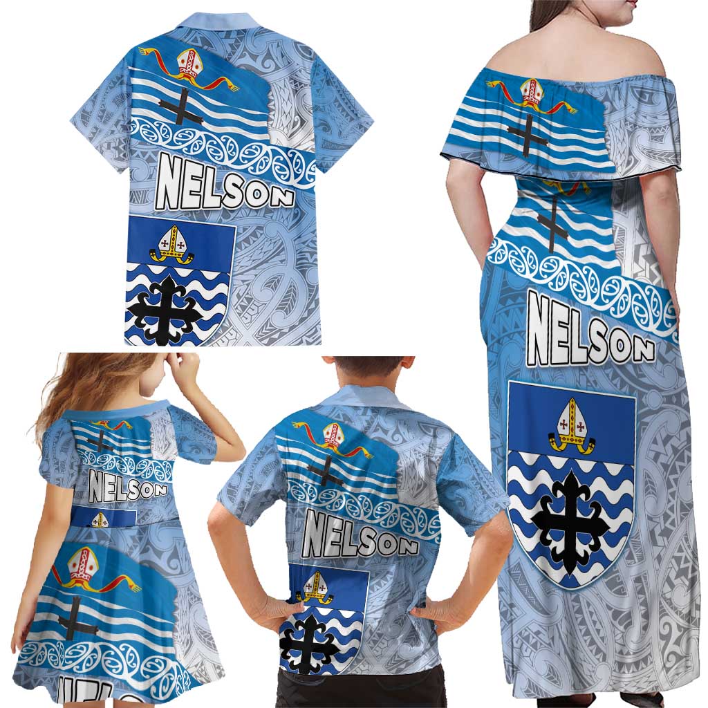 New Zealand Nelson Family Matching Off Shoulder Maxi Dress and Hawaiian Shirt Nelson's Flag and Seal - Maori Art Tattoo LT03 - Polynesian Pride