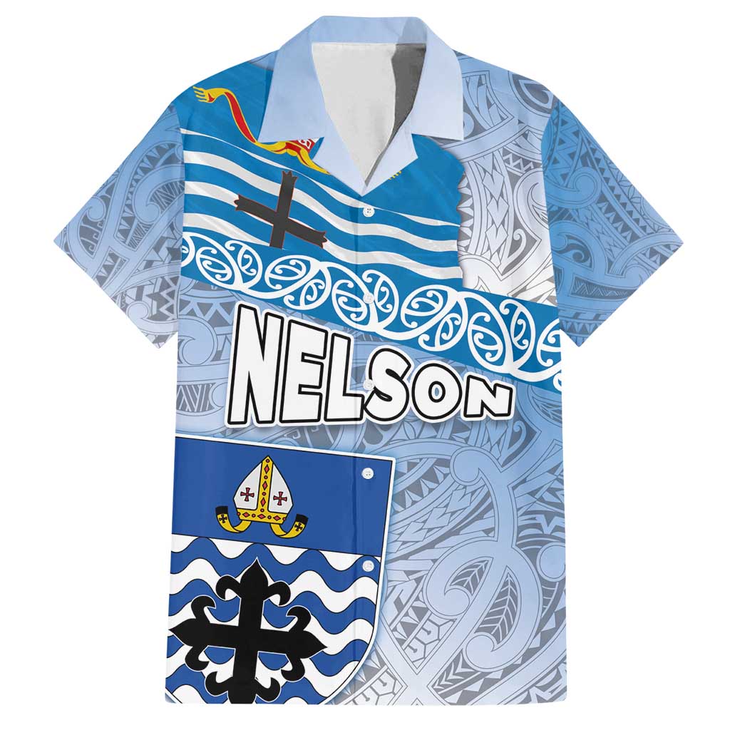 New Zealand Nelson Family Matching Off Shoulder Maxi Dress and Hawaiian Shirt Nelson's Flag and Seal - Maori Art Tattoo LT03 Dad's Shirt - Short Sleeve White - Polynesian Pride