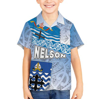New Zealand Nelson Family Matching Off Shoulder Maxi Dress and Hawaiian Shirt Nelson's Flag and Seal - Maori Art Tattoo LT03 Son's Shirt White - Polynesian Pride