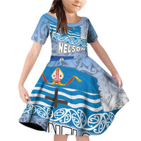 New Zealand Nelson Family Matching Off Shoulder Short Dress and Hawaiian Shirt Nelson's Flag and Seal - Maori Art Tattoo LT03 Daughter's Dress White - Polynesian Pride