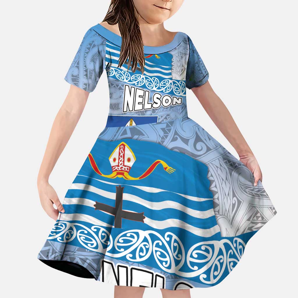New Zealand Nelson Family Matching Puletasi and Hawaiian Shirt Nelson's Flag and Seal - Maori Art Tattoo LT03 Daughter's Dress White - Polynesian Pride