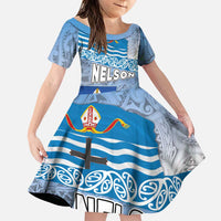 New Zealand Nelson Family Matching Puletasi and Hawaiian Shirt Nelson's Flag and Seal - Maori Art Tattoo LT03 Daughter's Dress White - Polynesian Pride