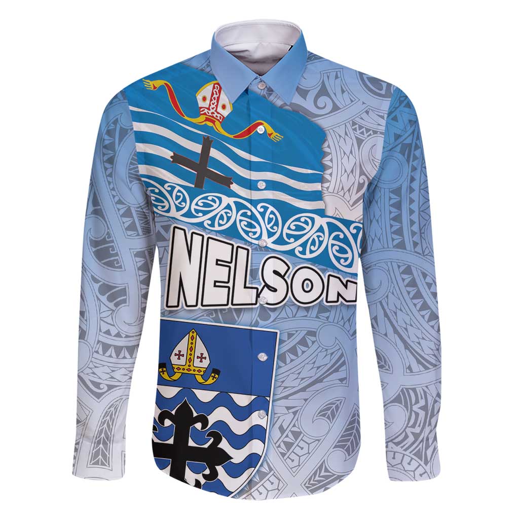 New Zealand Nelson Family Matching Summer Maxi Dress and Hawaiian Shirt Nelson's Flag and Seal - Maori Art Tattoo LT03 Dad's Shirt - Long Sleeve White - Polynesian Pride