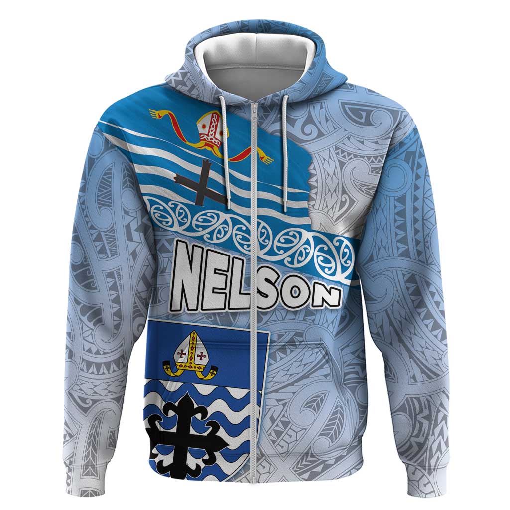 New Zealand Nelson Hoodie Nelson's Flag and Seal - Maori Art Tattoo LT03 Zip Hoodie White - Polynesian Pride
