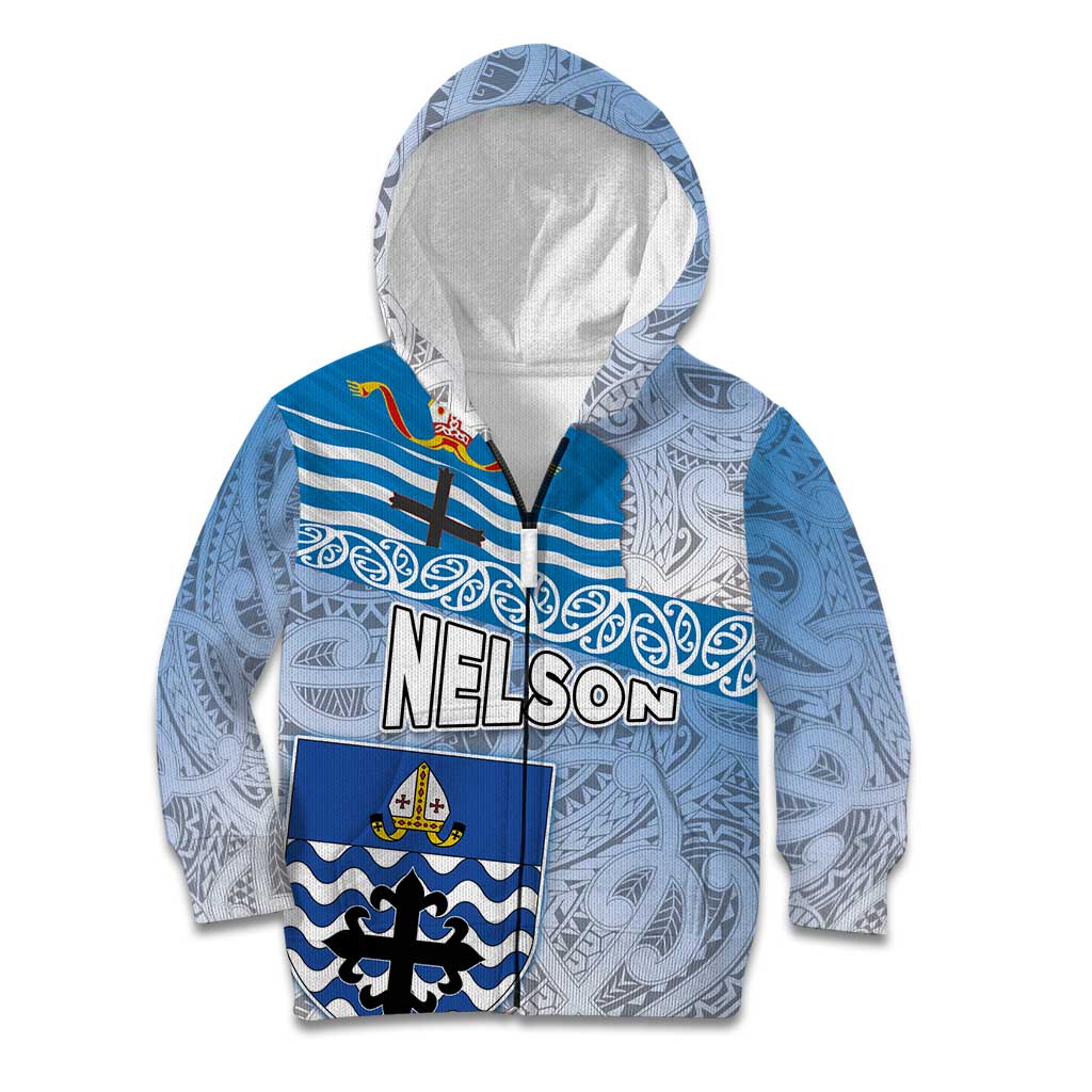 New Zealand Nelson Kid Hoodie Nelson's Flag and Seal - Maori Art Tattoo LT03 Zip Hoodie White - Polynesian Pride