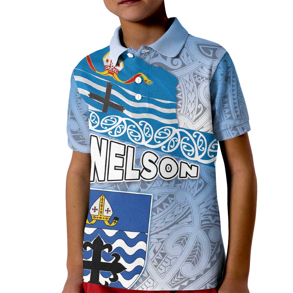 New Zealand Nelson Kid Polo Shirt Nelson's Flag and Seal - Maori Art Tattoo LT03 Kid White - Polynesian Pride