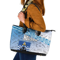 New Zealand Nelson Leather Tote Bag Nelson's Flag and Seal - Maori Art Tattoo LT03 White - Polynesian Pride