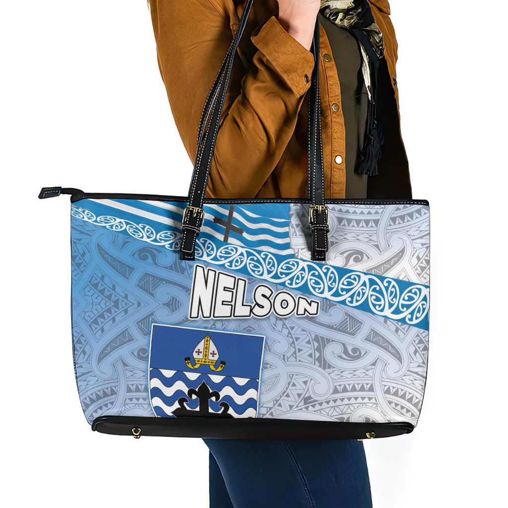 New Zealand Nelson Leather Tote Bag Nelson's Flag and Seal - Maori Art Tattoo LT03 - Polynesian Pride