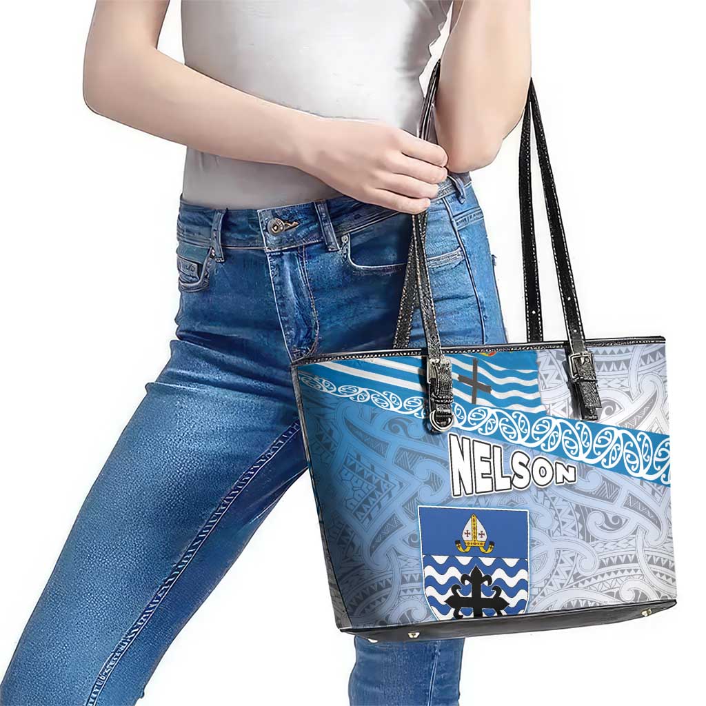 New Zealand Nelson Leather Tote Bag Nelson's Flag and Seal - Maori Art Tattoo LT03 - Polynesian Pride