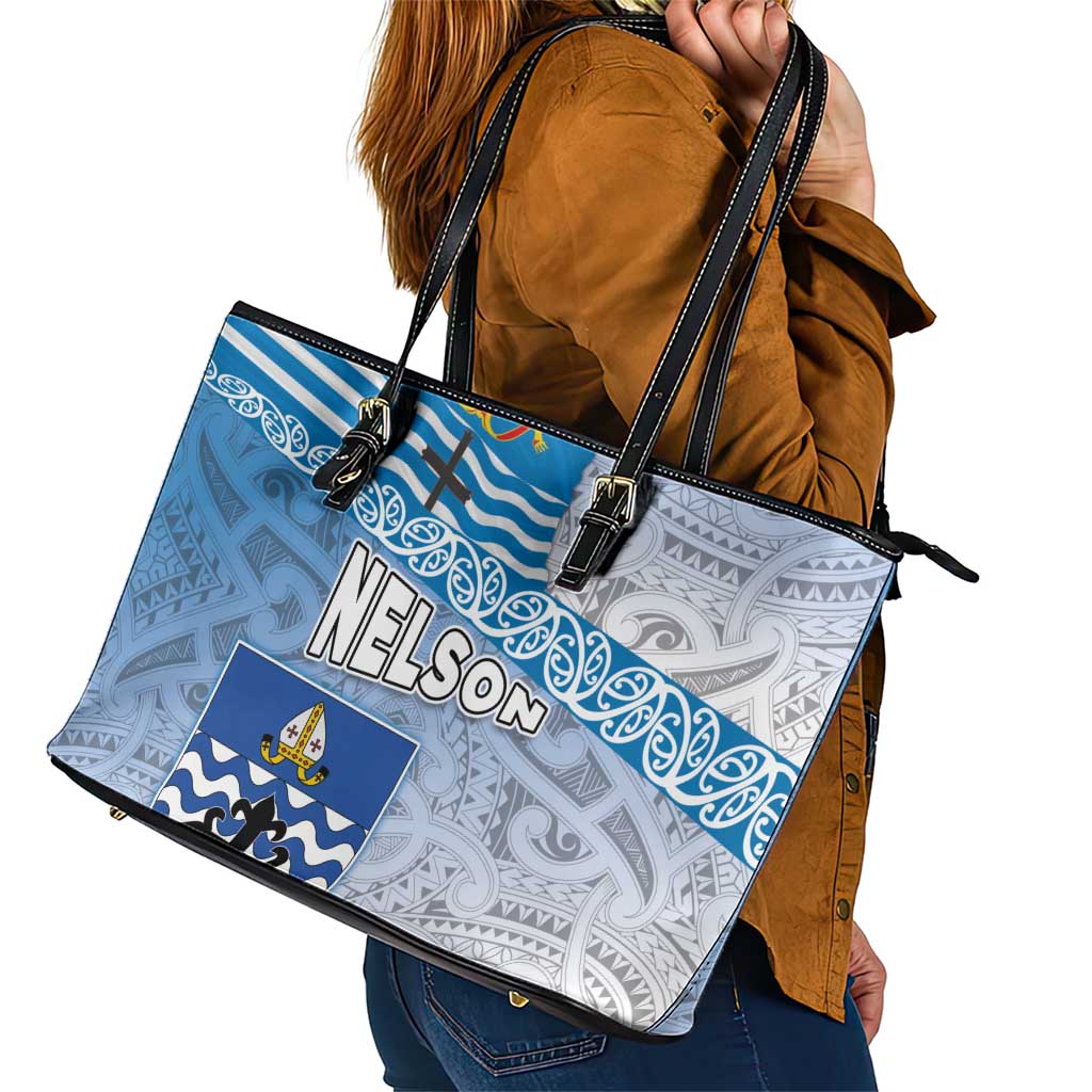 New Zealand Nelson Leather Tote Bag Nelson's Flag and Seal - Maori Art Tattoo LT03 - Polynesian Pride