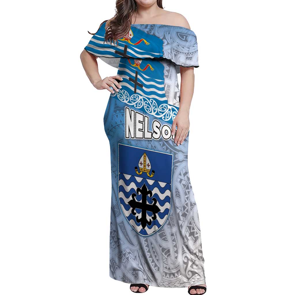 New Zealand Nelson Off Shoulder Maxi Dress Nelson's Flag and Seal - Maori Art Tattoo LT03 Women White - Polynesian Pride