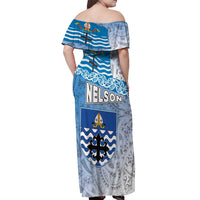 New Zealand Nelson Off Shoulder Maxi Dress Nelson's Flag and Seal - Maori Art Tattoo LT03 - Polynesian Pride