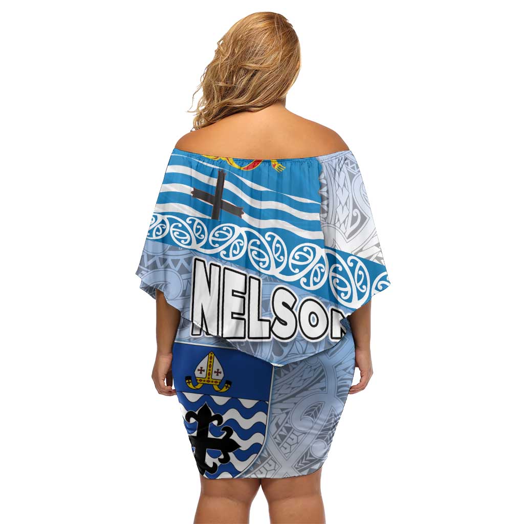 New Zealand Nelson Off Shoulder Short Dress Nelson's Flag and Seal - Maori Art Tattoo LT03 - Polynesian Pride