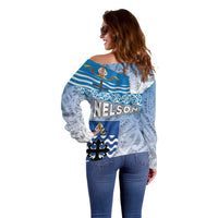 New Zealand Nelson Off Shoulder Sweater Nelson's Flag and Seal - Maori Art Tattoo LT03 - Polynesian Pride