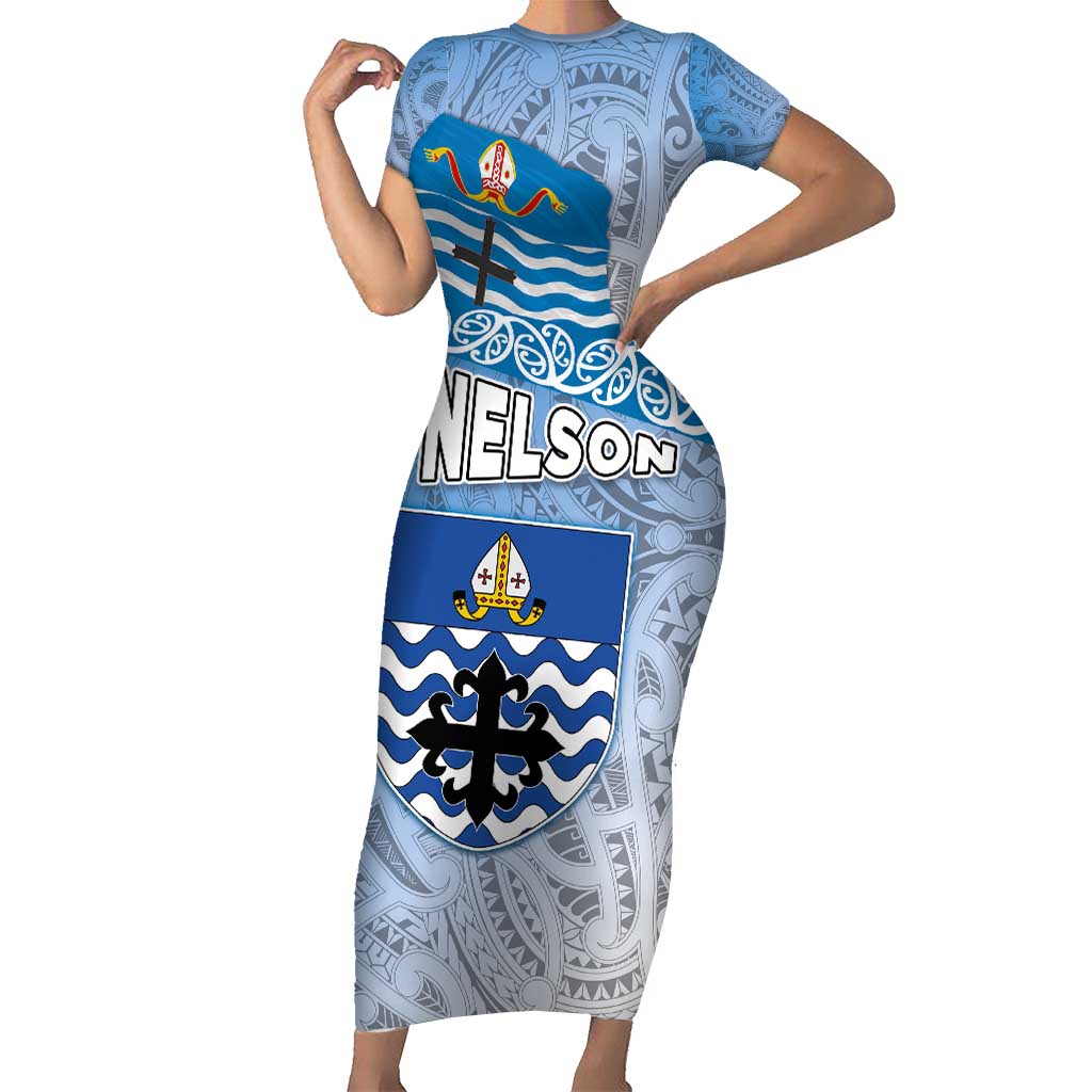 New Zealand Nelson Short Sleeve Bodycon Dress Nelson's Flag and Seal - Maori Art Tattoo LT03 Long Dress White - Polynesian Pride
