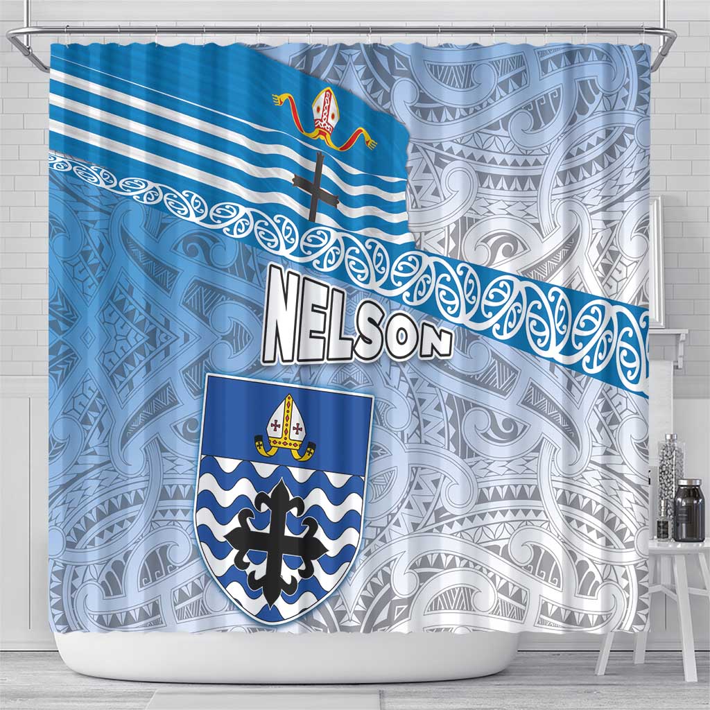 New Zealand Nelson Shower Curtain Nelson's Flag and Seal - Maori Art Tattoo LT03 - Polynesian Pride