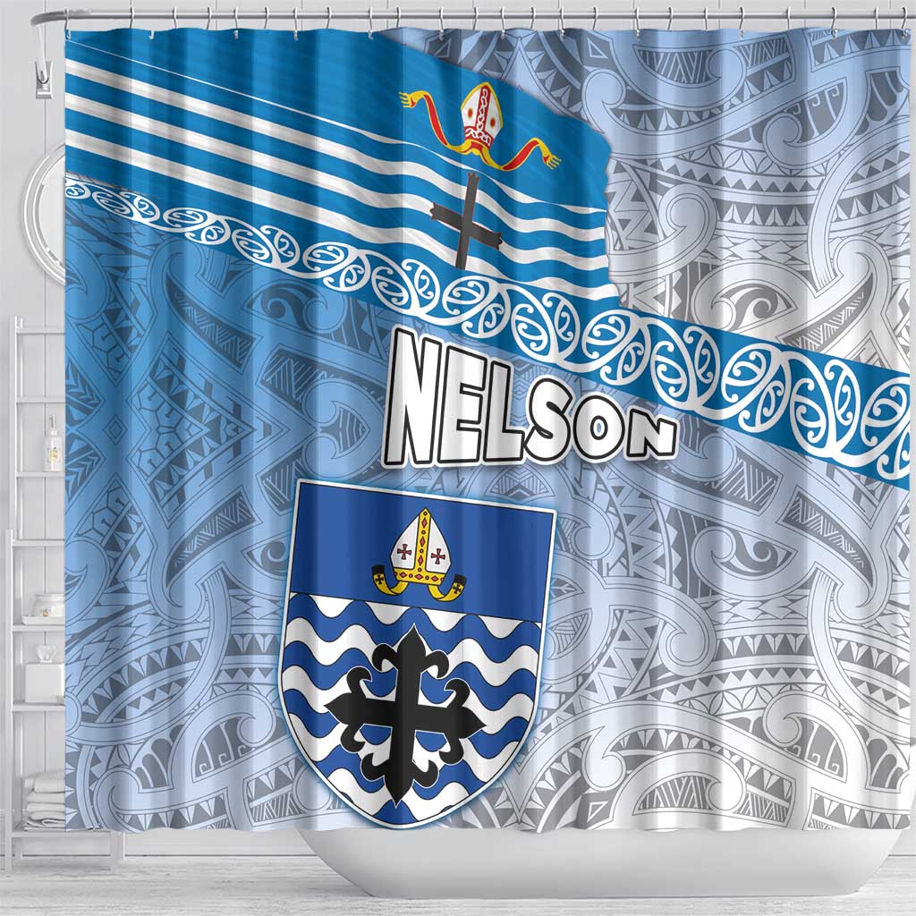 New Zealand Nelson Shower Curtain Nelson's Flag and Seal - Maori Art Tattoo LT03 - Polynesian Pride