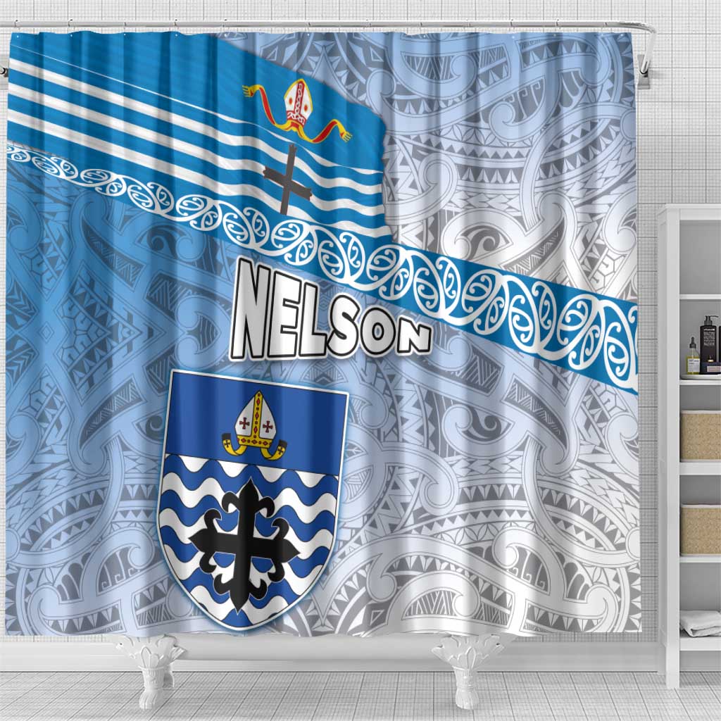 New Zealand Nelson Shower Curtain Nelson's Flag and Seal - Maori Art Tattoo LT03 - Polynesian Pride