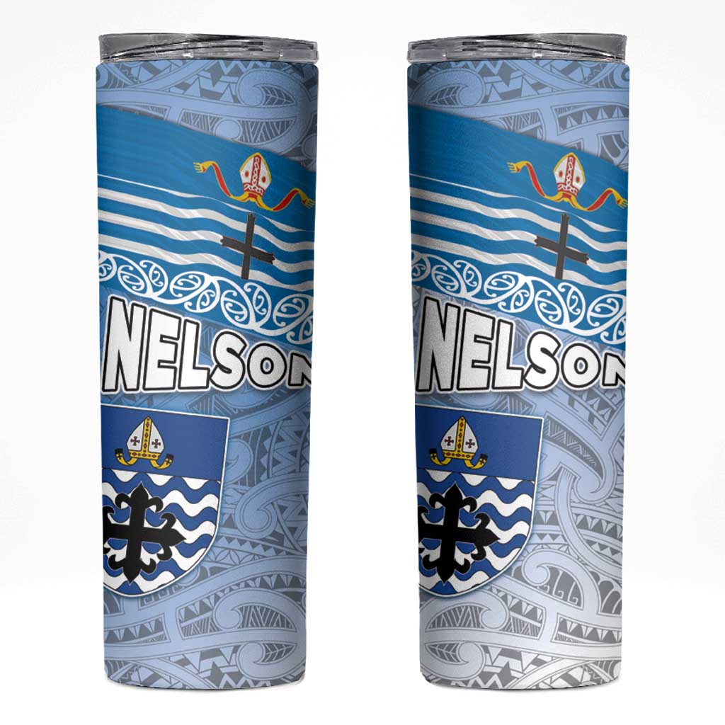 New Zealand Nelson Skinny Tumbler Nelson's Flag and Seal - Maori Art Tattoo LT03 White - Polynesian Pride