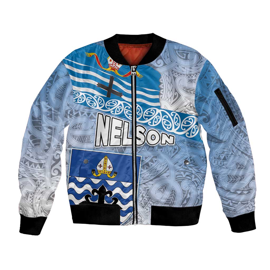 New Zealand Nelson Sleeve Zip Bomber Jacket Nelson's Flag and Seal - Maori Art Tattoo LT03 Unisex White - Polynesian Pride