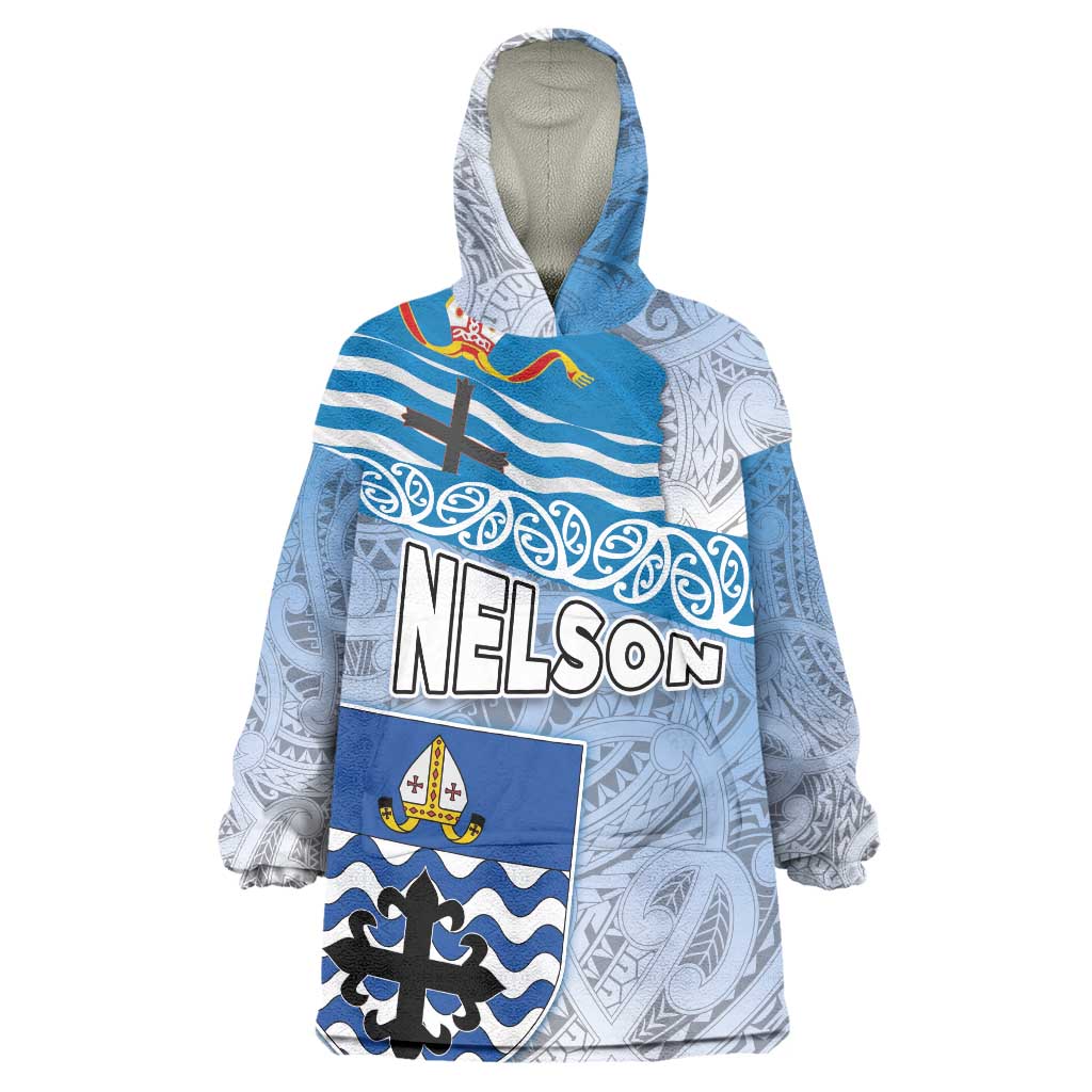 New Zealand Nelson Wearable Blanket Hoodie Nelson's Flag and Seal - Maori Art Tattoo LT03 One Size White - Polynesian Pride