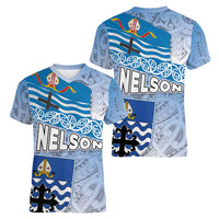 New Zealand Nelson Women V-Neck T-Shirt Nelson's Flag and Seal - Maori Art Tattoo LT03 - Polynesian Pride