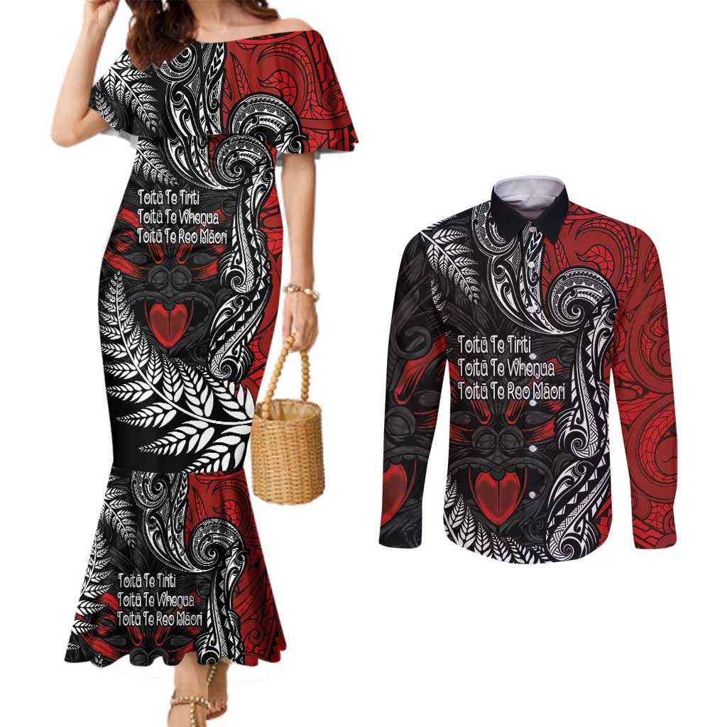 Aotearoa Toitu Te Tiriti Couples Matching Mermaid Dress and Long Sleeve Button Shirt New Zealand Honour the Treaty - Te Tiriti Is Us LT03 Red - Polynesian Pride