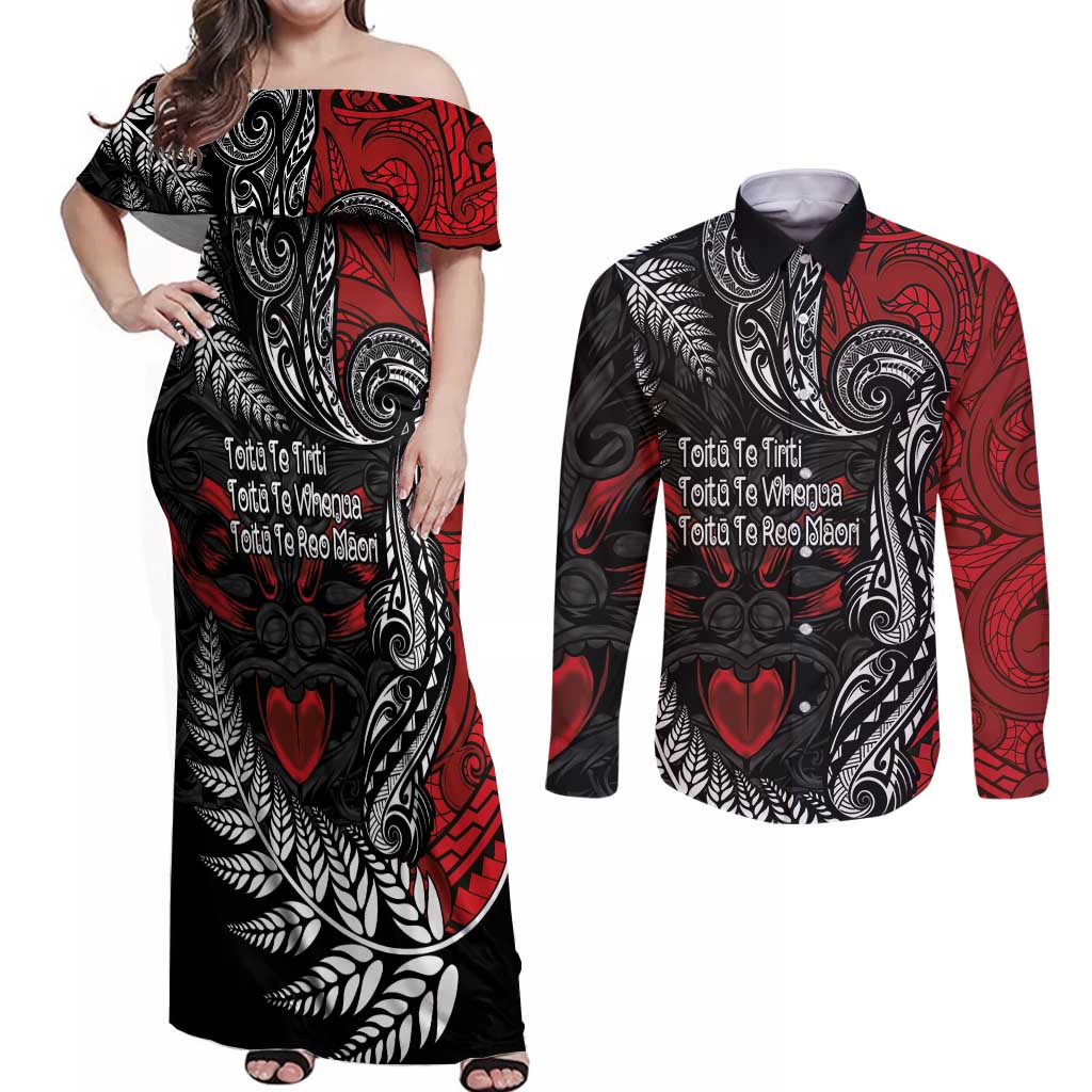 Aotearoa Toitu Te Tiriti Couples Matching Off Shoulder Maxi Dress and Long Sleeve Button Shirt New Zealand Honour the Treaty - Te Tiriti Is Us LT03 Red - Polynesian Pride