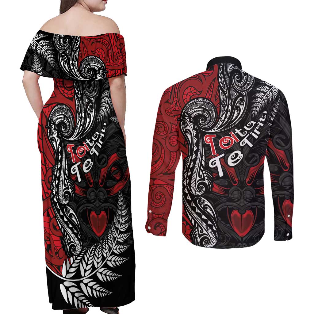 Aotearoa Toitu Te Tiriti Couples Matching Off Shoulder Maxi Dress and Long Sleeve Button Shirt New Zealand Honour the Treaty - Te Tiriti Is Us LT03 - Polynesian Pride