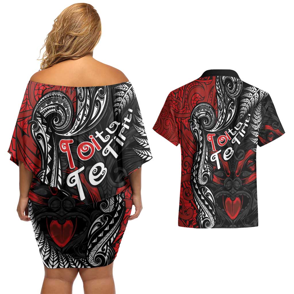Aotearoa Toitu Te Tiriti Couples Matching Off Shoulder Short Dress and Hawaiian Shirt New Zealand Honour the Treaty - Te Tiriti Is Us LT03 - Polynesian Pride