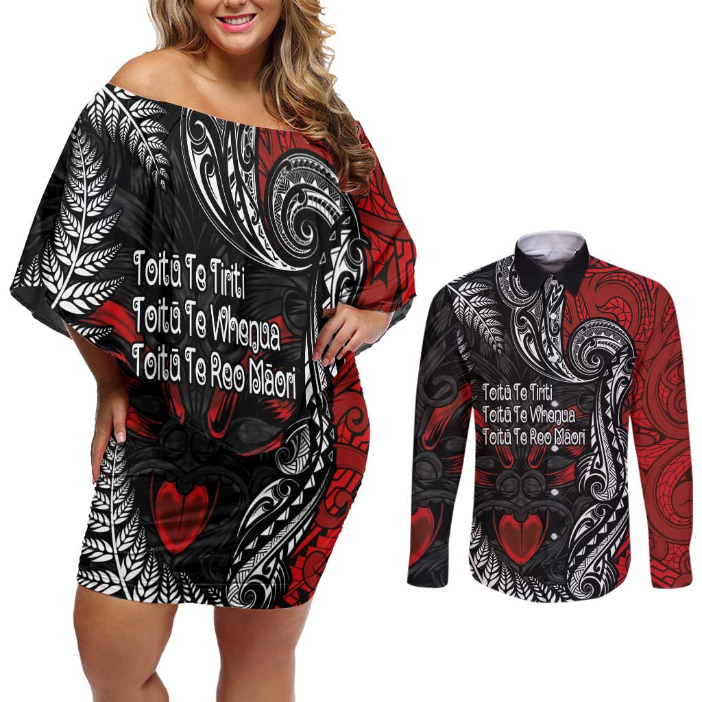 Aotearoa Toitu Te Tiriti Couples Matching Off Shoulder Short Dress and Long Sleeve Button Shirt New Zealand Honour the Treaty - Te Tiriti Is Us LT03 Red - Polynesian Pride