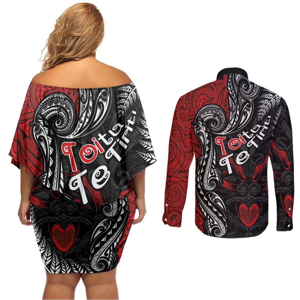 Aotearoa Toitu Te Tiriti Couples Matching Off Shoulder Short Dress and Long Sleeve Button Shirt New Zealand Honour the Treaty - Te Tiriti Is Us LT03 - Polynesian Pride