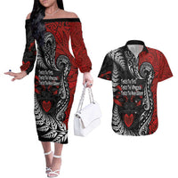 Aotearoa Toitu Te Tiriti Couples Matching Off The Shoulder Long Sleeve Dress and Hawaiian Shirt New Zealand Honour the Treaty - Te Tiriti Is Us LT03 Red - Polynesian Pride
