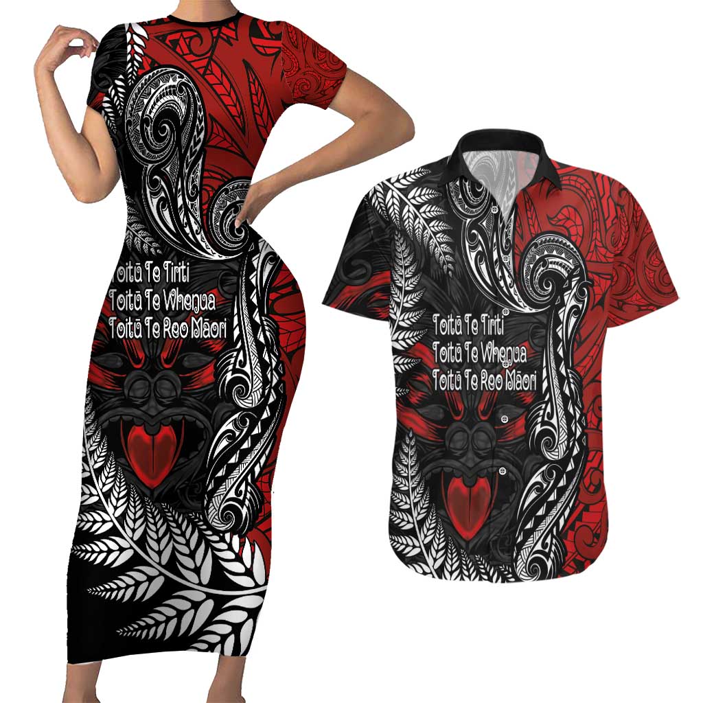 Aotearoa Toitu Te Tiriti Couples Matching Short Sleeve Bodycon Dress and Hawaiian Shirt New Zealand Honour the Treaty - Te Tiriti Is Us LT03 Red - Polynesian Pride