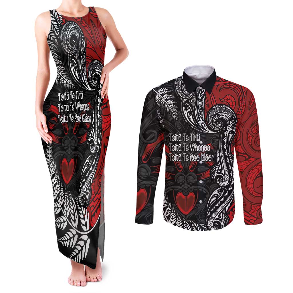 Aotearoa Toitu Te Tiriti Couples Matching Tank Maxi Dress and Long Sleeve Button Shirt New Zealand Honour the Treaty - Te Tiriti Is Us LT03 Red - Polynesian Pride