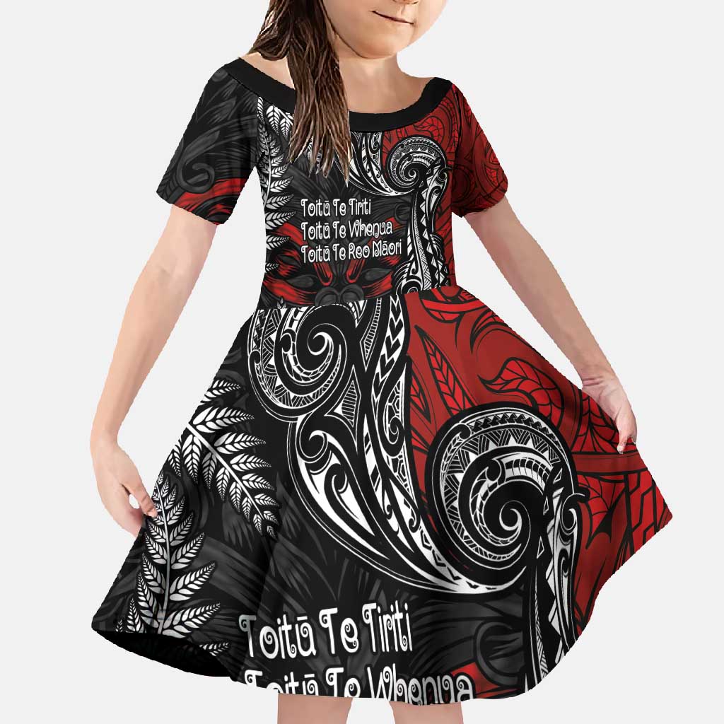 Aotearoa Toitu Te Tiriti Family Matching Mermaid Dress and Hawaiian Shirt New Zealand Honour the Treaty - Te Tiriti Is Us LT03 Daughter's Dress Red - Polynesian Pride