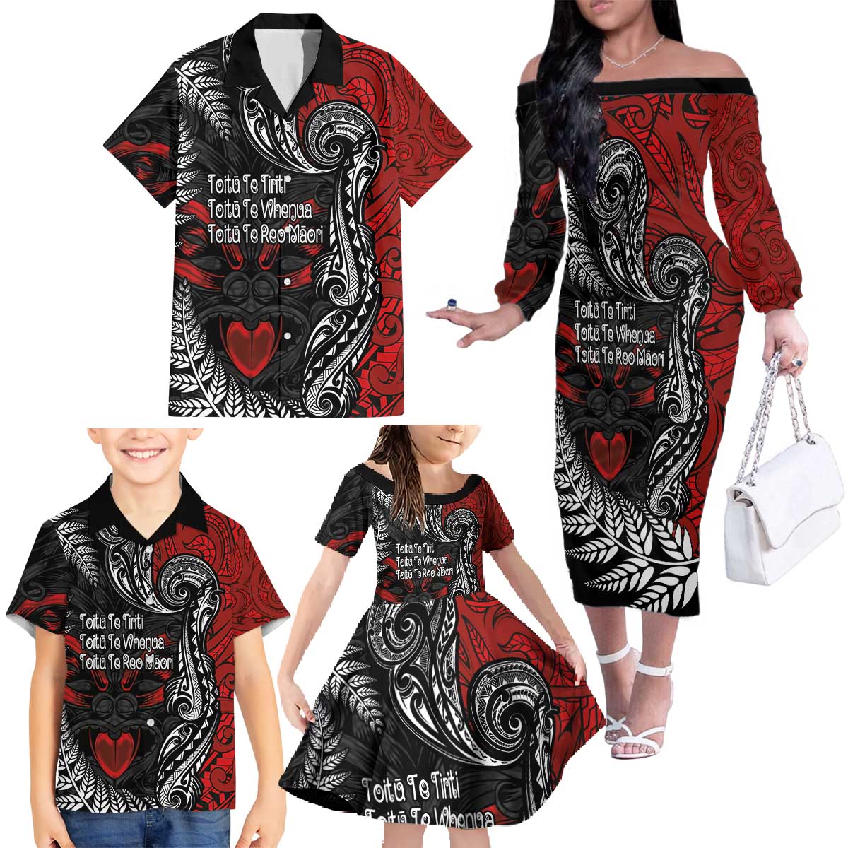 Aotearoa Toitu Te Tiriti Family Matching Off The Shoulder Long Sleeve Dress and Hawaiian Shirt New Zealand Honour the Treaty - Te Tiriti Is Us LT03 - Polynesian Pride