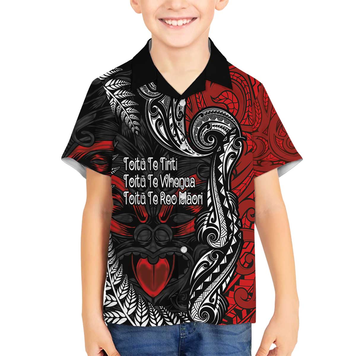 Aotearoa Toitu Te Tiriti Family Matching Off The Shoulder Long Sleeve Dress and Hawaiian Shirt New Zealand Honour the Treaty - Te Tiriti Is Us LT03 Son's Shirt Red - Polynesian Pride